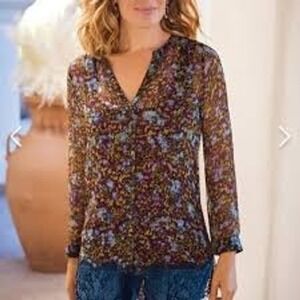 Soft Surroundings Sheer Button Up Blouse Lace Trim Tunic Womens Large